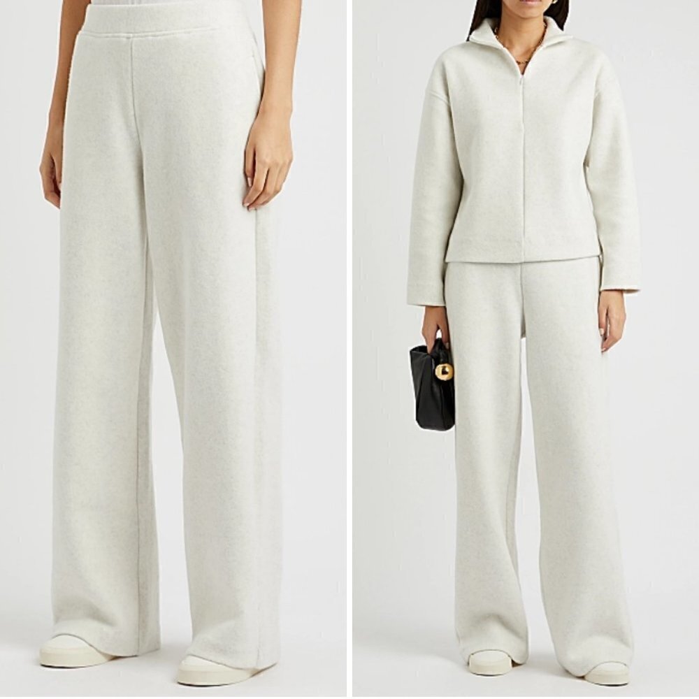 💕VINCE💕 Cotton-Blend Wide-Leg Fleece Trousers ~ White and Grey Melangé XL NWT